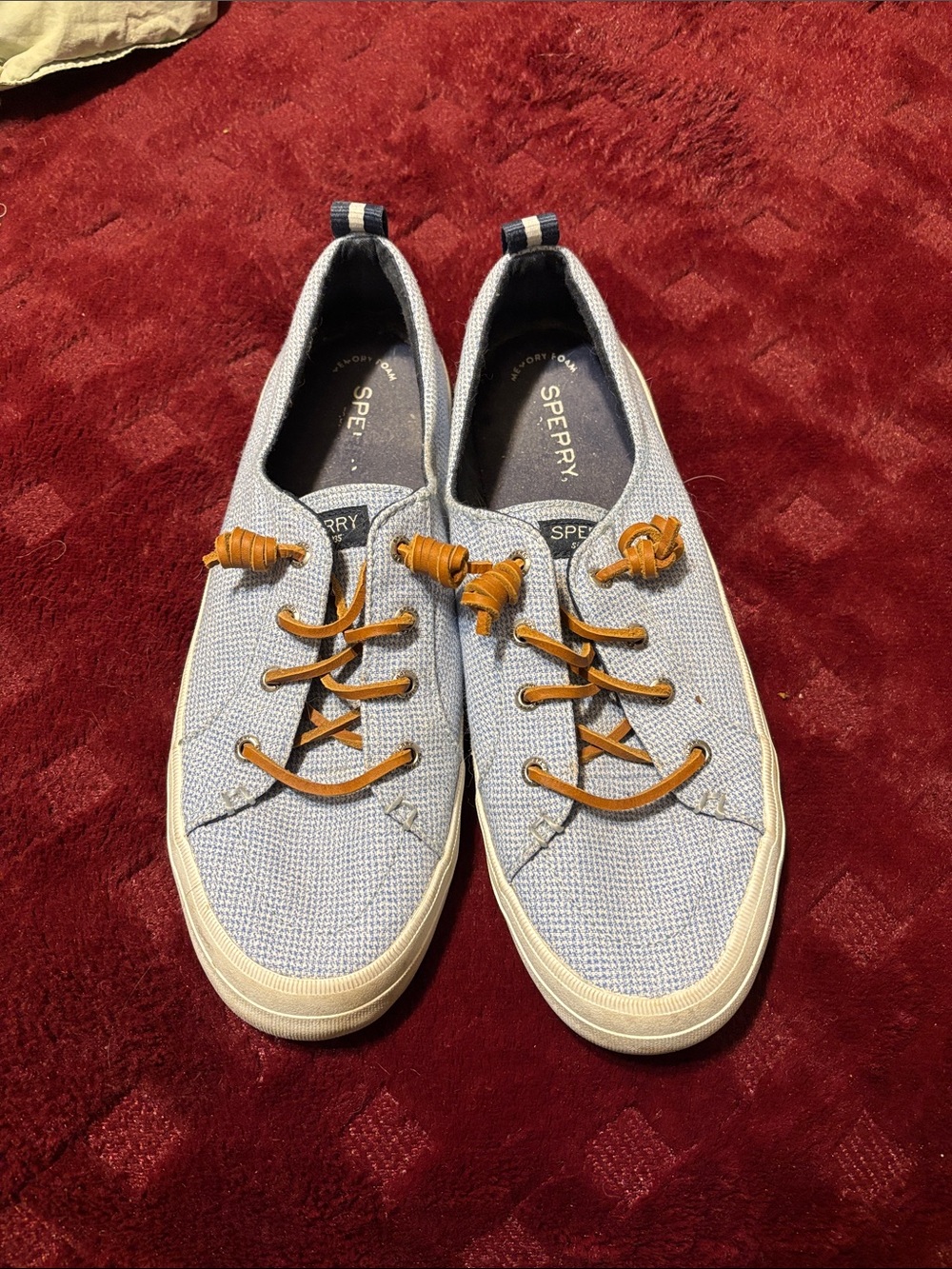 Sperry Light Blue checkered Canvas Low-Top Sneakers with Brown Laces size 9.5
